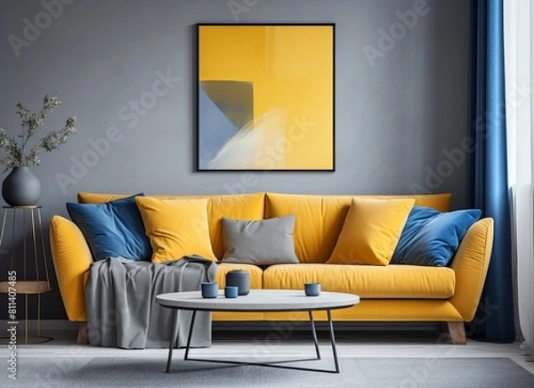 Fototapeta Living room with an azure couch and a painting on the wall
