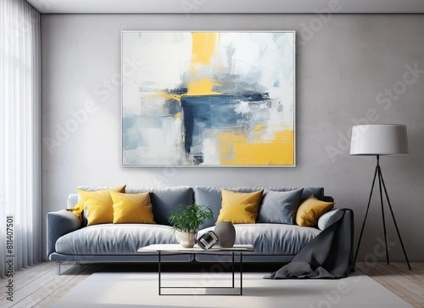 Fototapeta Living room with an azure couch and a painting on the wall