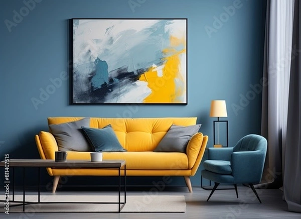 Fototapeta Living room with an azure couch and a painting on the wall