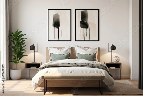 Fototapeta a bedroom with a large bed and a large window