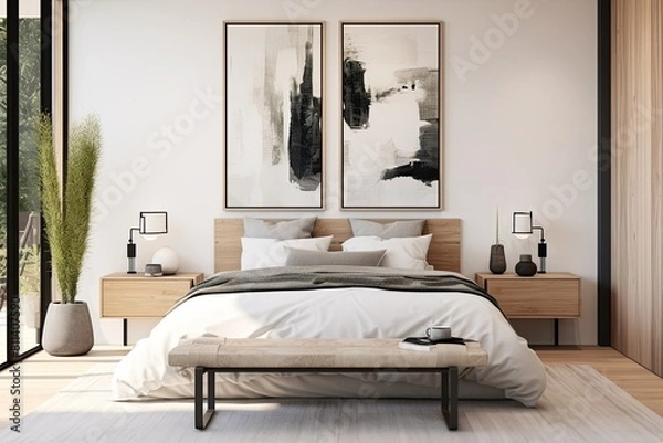 Fototapeta a bedroom with a large bed and a large window