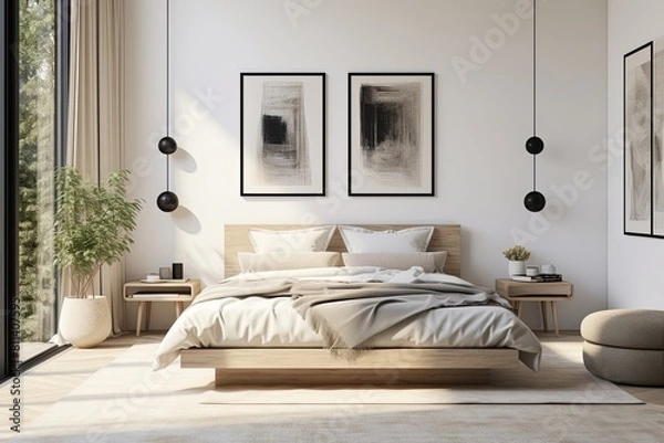 Fototapeta a bedroom with a large bed and a large window