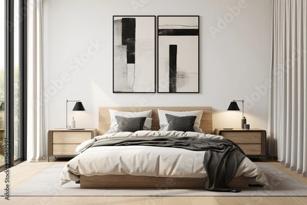 Fototapeta a bedroom with a large bed and a large window