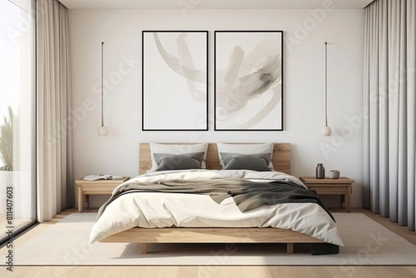 Fototapeta a bedroom with a large bed and a large window