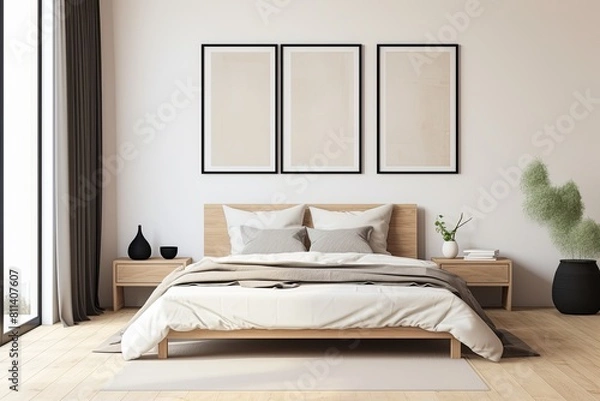 Fototapeta a bedroom with a large bed and a large window