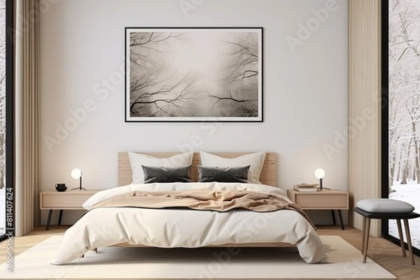 Fototapeta a bedroom with a large bed and a large window
