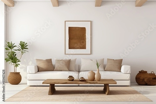 Fototapeta Stylish and scandinavian living room interior of modern apartment with gray sofa, design wooden commode,