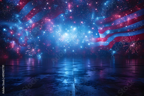 Fototapeta American Flag colors and fireworks mockup background with copy space . 4 July independence day concept celebration