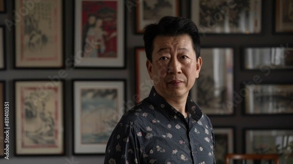 Obraz Portrait of an Asian man in full length against a gray backdrop surrounded by pictures