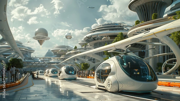 Fototapeta A futuristic transport hub with autonomous vehicles