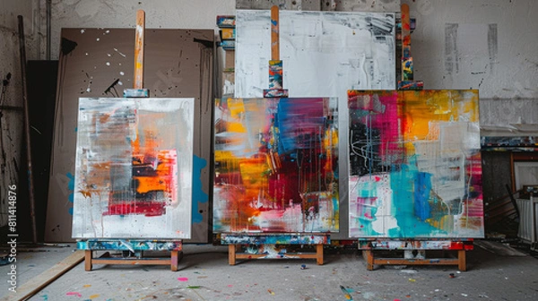 Obraz Three contemporary abstract paintings on the art studio. Nonfigurative abstract paintings of the same artistic series with colorful stains and strong brush texture.