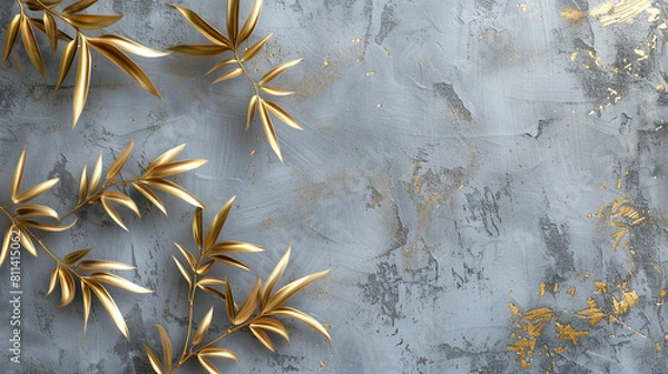 Obraz golden bamboo leaves on gray cement texture,Abstract background