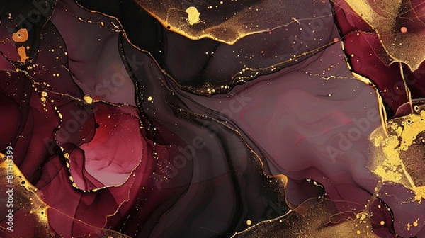 Obraz Luxury abstract fluid art painting background alcohol ink technique black and gold maroon and golden