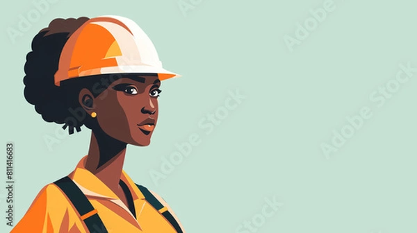 Fototapeta  African American woman construction worker wearing a hard hat, looking to the side with a simple background