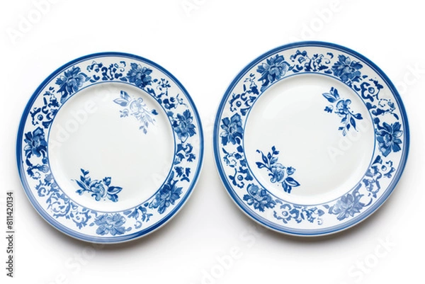 Obraz Two blue and white plates with flowers on them