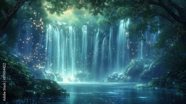 Fototapeta Fantasy Waterfall Pond Forest Digital Art Wallpaper, Radiant Contemporary Abstract Artwork Background, Vibrant Backdrop Concept, Web Graphic Design Banner