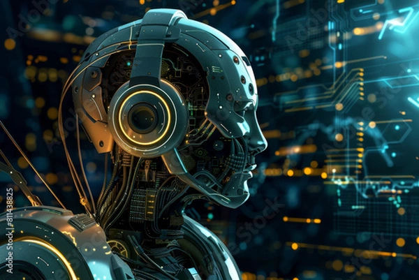 Fototapeta Abstract futuristic portrait of robot with headphones and digital circuitry