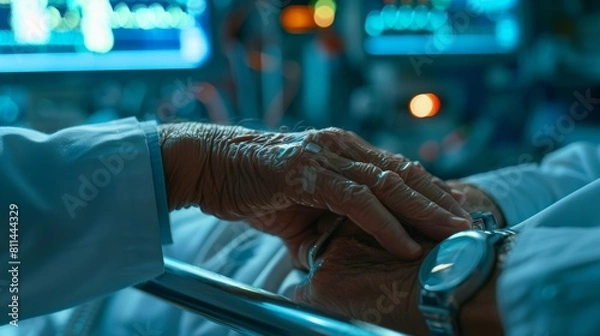 Fototapeta Intimate, close-up view of a doctor's hand checking a patient's vital signs with care, the medical room bathed in serene studio lighting