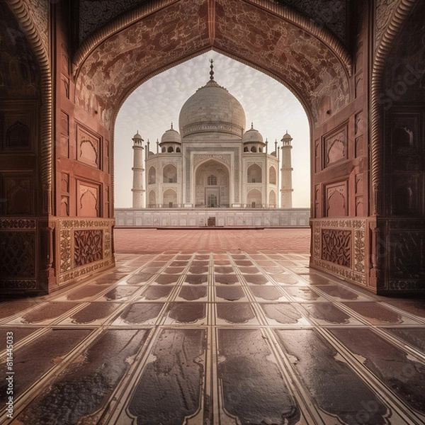 Fototapeta Sunrise View of Taj Mahal from Archway in Agra, India