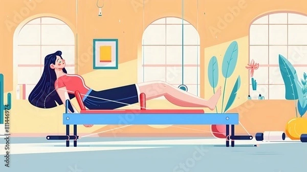 Fototapeta Serene scene of woman immersed in transformative Pilates session