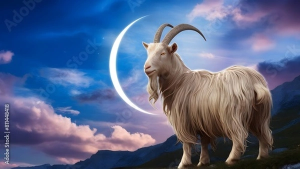 Obraz A Goat standing on a mountainside against a beautifully sky And crescent moon of Eid Mubarak, Eid al Adha Goat background with copy space to write eid mubarak quotes and wishes