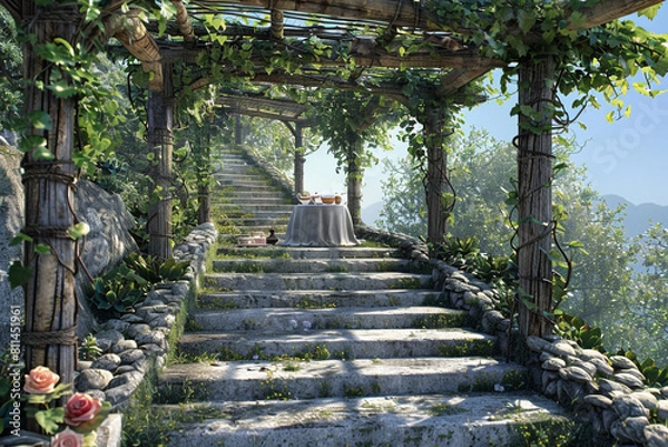 Fototapeta Pergola covered in vines reached by a rustic staircase, set for afternoon tea.