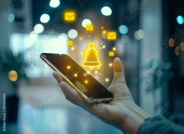 Fototapeta Hand holding a smartphone with a digital glowing yellow bell icon and message icons floating above on a blurred office background, depicting an online communication concept.