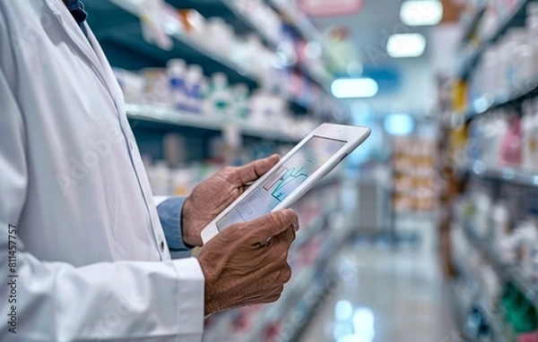 Fototapeta Pharmacist using a tablet computer in a pharmacy, with a close up view of hands and the tablet with blurred shelves of medical products in the background.
