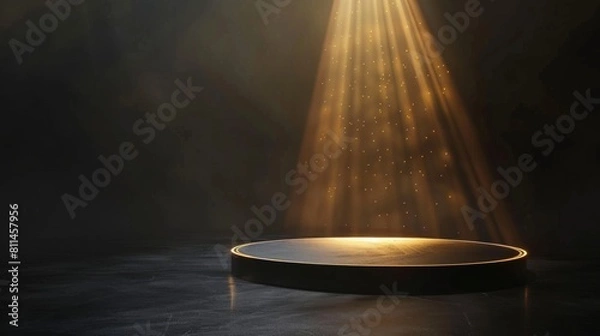 Fototapeta A dark background with golden rays of light shining down on an empty podium, creating a dramatic and elegant atmosphere for product displays or award.