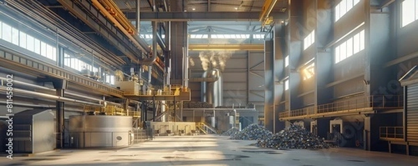 Fototapeta Create a realistic 3D rendering of a wastetoenergy plant, showcasing its architecture and machinery in action, providing an immersive look into the process of converting waste into energy