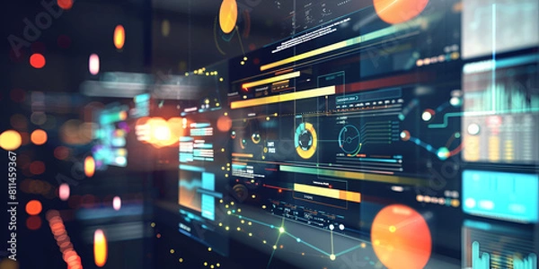 Fototapeta High-Tech Control Panel: Monitoring Network Activity | Futuristic Dashboard: Managing Complex Data Streams
