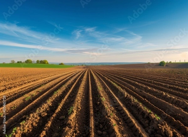 Fototapeta Photo of plowed fields. Styles to make the dirt rows on the field.