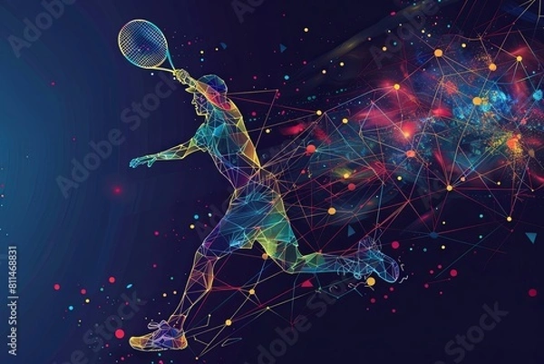 Obraz A man in action playing tennis against a dark backdrop. Generative AI