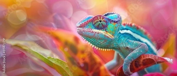 Fototapeta Witness the Chameleon's Mesmerizing Transformation as it Seamlessly Blends into a Vibrant Rainbow Backdrop, Embracing the Beauty and Resilience of Life in Ever-Changing Environments