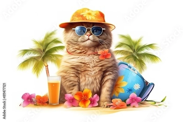 Fototapeta Scottish Cat Ready for Songkran and Summer, Sporting Sunglasses and Summer Attire on White Background
