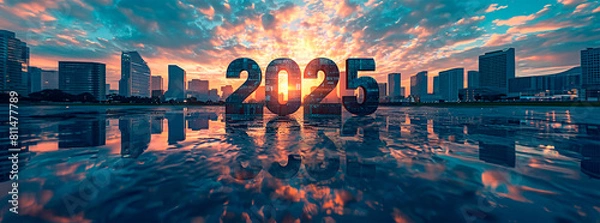 Fototapeta "2025" in colorful squares stands out on a city waterfront, mirrored on calm water. Tall buildings flank the scene under a vibrant sunrise or sunset, casting long shadows and enhancing the tranquil am