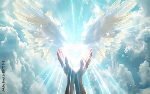Fototapeta Healing Radiance: A Glowing Heart Held by two hands Embraced by Angel Wings Under a Celestial Sky