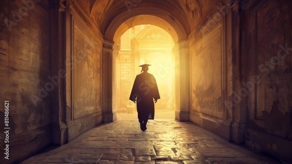 Fototapeta Surreal image of a graduate walking through a surreal doorway into light
