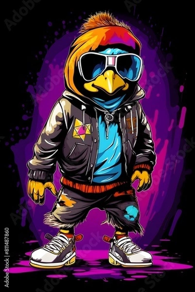 Fototapeta Cool Penguin Character in Retro 90s Synthwave Streetwear
