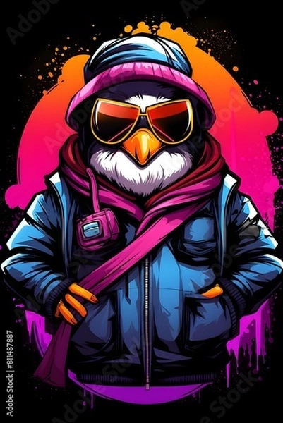 Fototapeta Cool Penguin Character in Stylish Varsity Jacket and Beanie Surrounded by Retro 90s Synthwave Elements