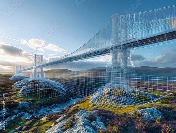 Fototapeta A photograph of a wireframe model of a bridge superimposed over a real landscape, visualizing the design before construction