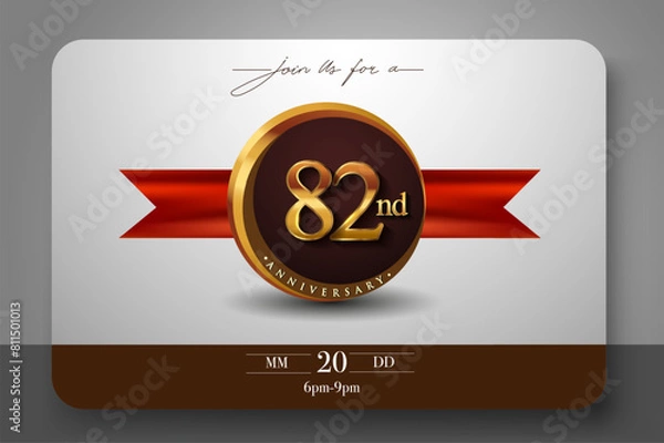 Fototapeta 82nd Anniversary Logo With Golden Ring And Red Ribbon Isolated on Elegant Background, Birthday Invitation Design And Greeting Card.