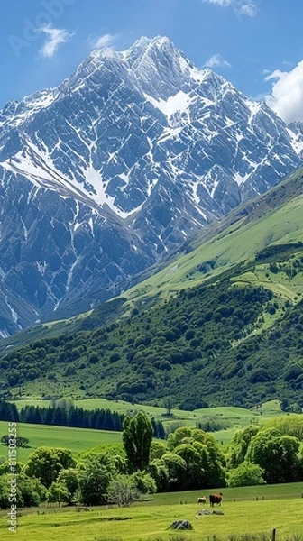 Fototapeta A mountain range with a green field and cows Generative AI.