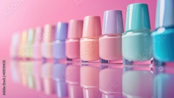 Fototapeta Row of colorful nail polish bottles on reflective surface against pink backdrop