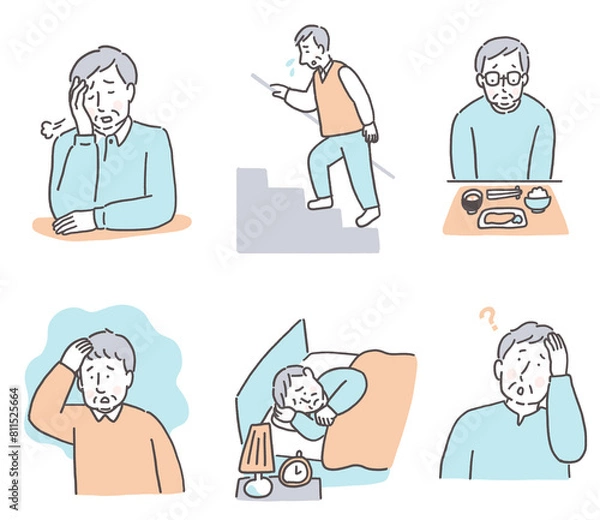 Obraz シニア男性の体調不良　イラストセット