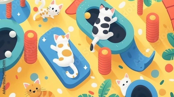 Fototapeta Playful kittens in a colorful play area at an animal shelter joyful play theme