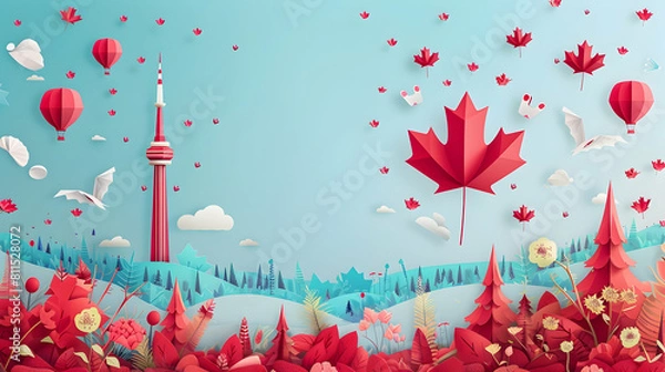 Fototapeta banner for canada day with place for text, red maple leaves on a light blue  background with copy space	
