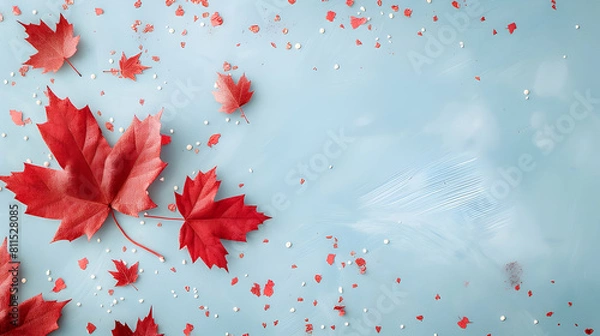 Fototapeta banner for canada day with place for text, red maple leaves on a light blue  background with copy space	