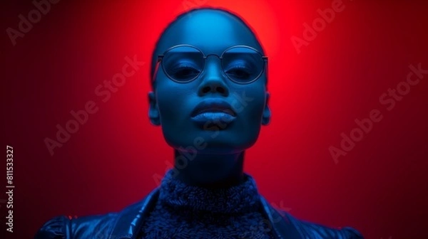 Fototapeta African-American fem,ale  Fashion model - stylish - quirky - idiosyncratic - -colorful - elegant - unique - red backgroubd 