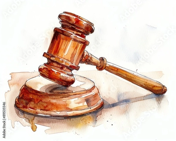 Fototapeta A watercolor painting of a judge's gavel resting on a sound block